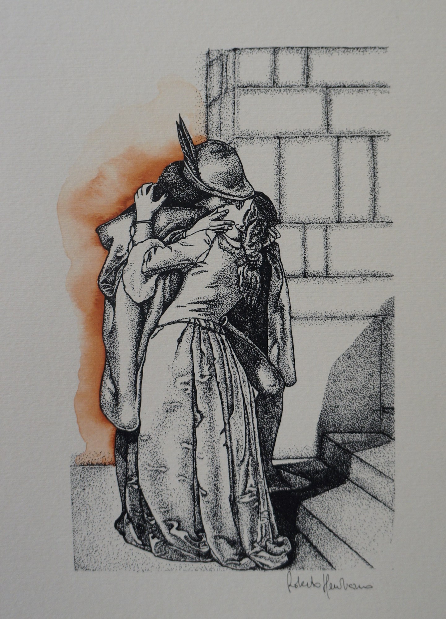 11.Serigrafia eseguita con tecnica a punti e acquerellata a mano tratta da Il bacio di Giulietta e Romeo di F. Hayez, 25x35, 1995